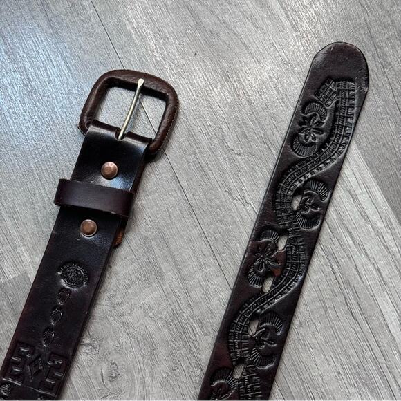 Vintage Tooled Leather Western Belt Dark Brown Size 34 Branded Geometric Mexico - Picture 6 of 7